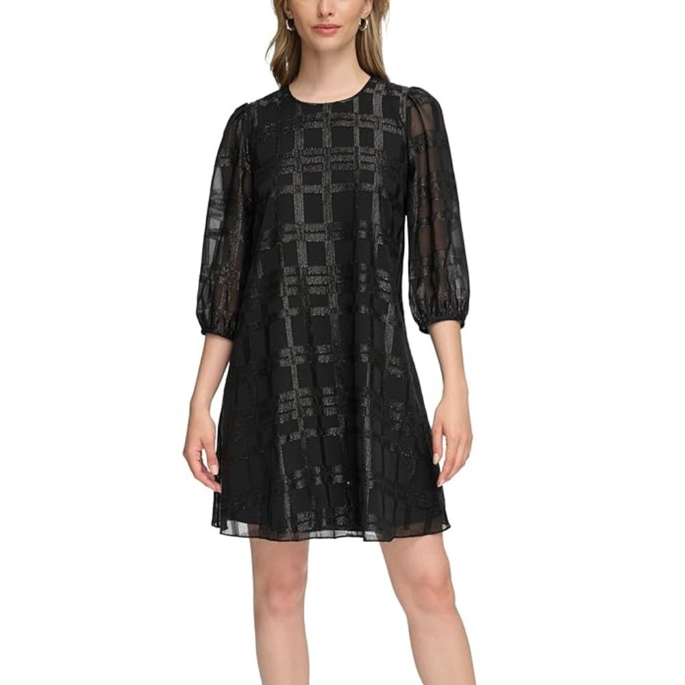 Calvin Klein Women's Jewel-Neck 3/4-Sleeve Glitter Chiffon Dress
